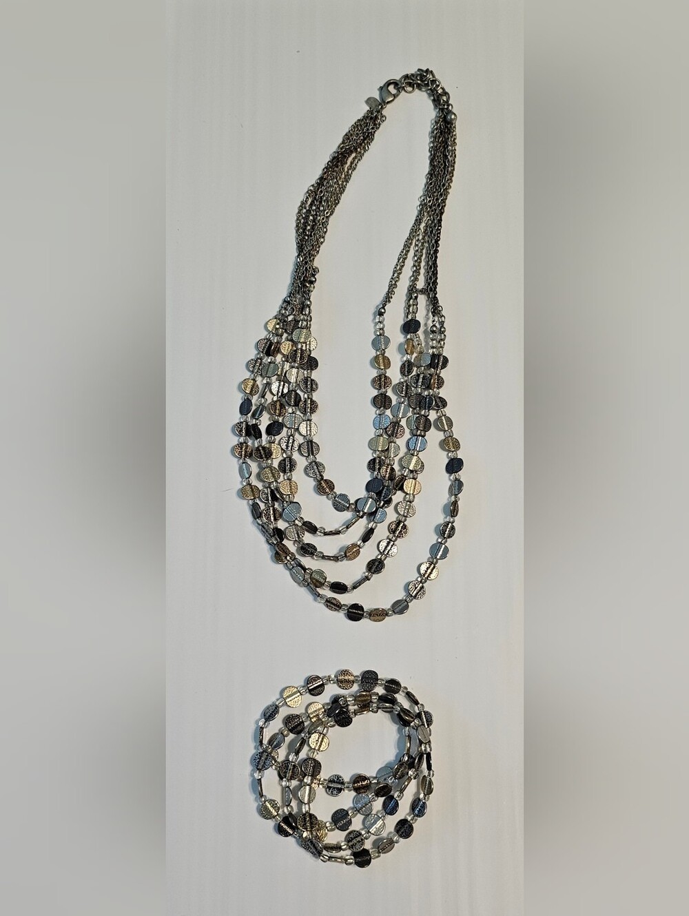 Chicos Multi-Strand Silver and Gray Beaded Necklace and Bracelet Set